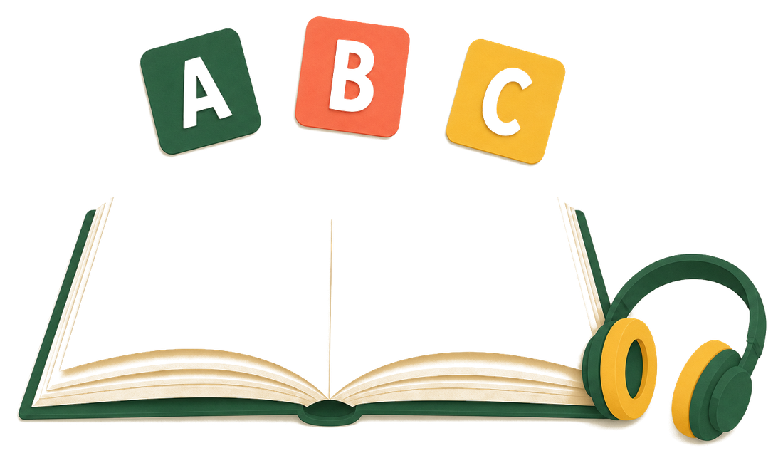 打开的书本、ABC字母和耳机插画